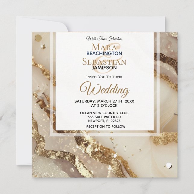 *~*GOLD IVORY GOLD Agate RSVP AR66 QR Wedding Invitation (Front)