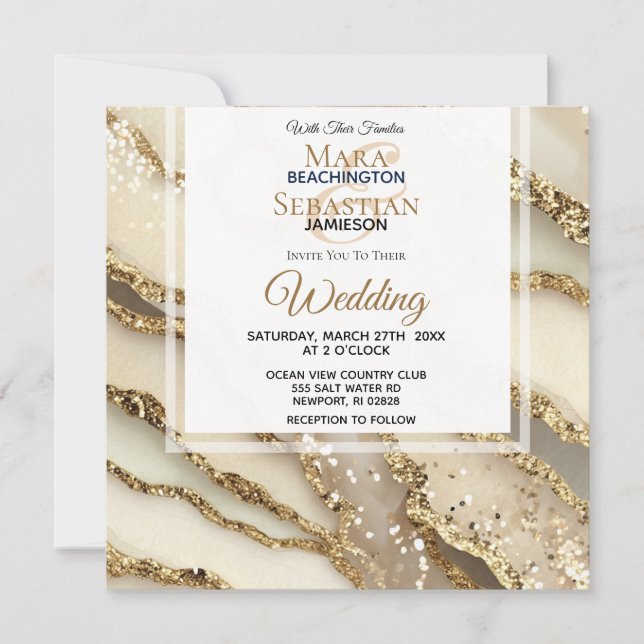 *~*GOLD IVORY GOLD Marble RSVP AR66 QR Wedding Invitation (Front)