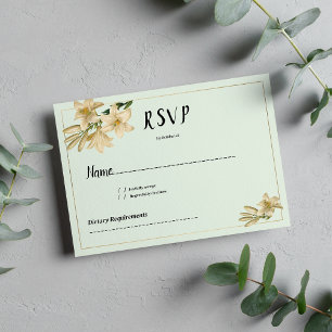 Gold ivory mint green white lily flower RSVP Invitation