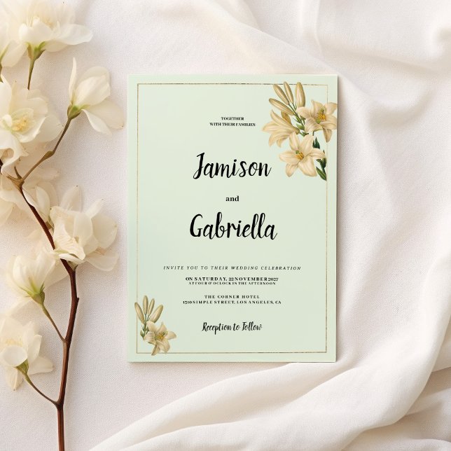 Gold ivory mint green white lily flower Wedding  Invitation (Gold ivory mint green white lily flower Wedding )