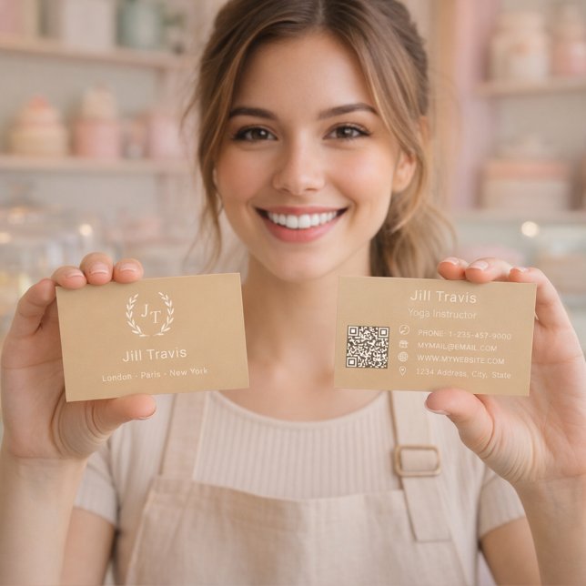 Gold ivory monogrammed wreath modern QR code Business Card (Creator Uploaded)