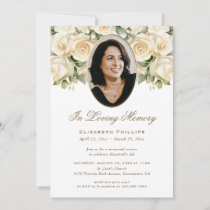 Gold Ivory Rose Photo Funeral Memorial Invitation