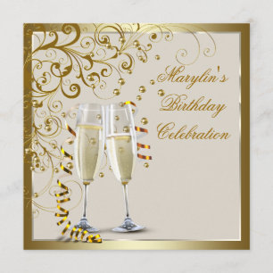 Gold Ivory Womans Elegant Gold Cream Birthday Invitation