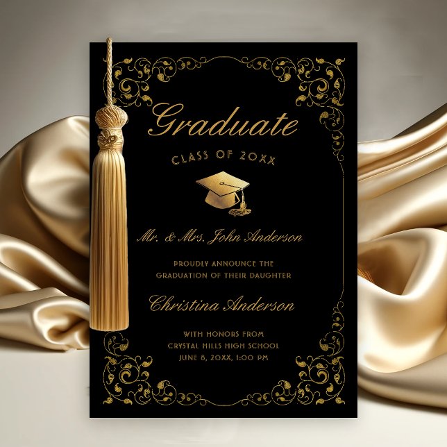 Gold Ivy Cap Script From Parents Black Graduation Announcement (Gold Ivy Leaf on Black Graduation Announcement from Parents)