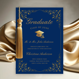 Gold Ivy Cap Script From Parents Blue Graduation Announcement