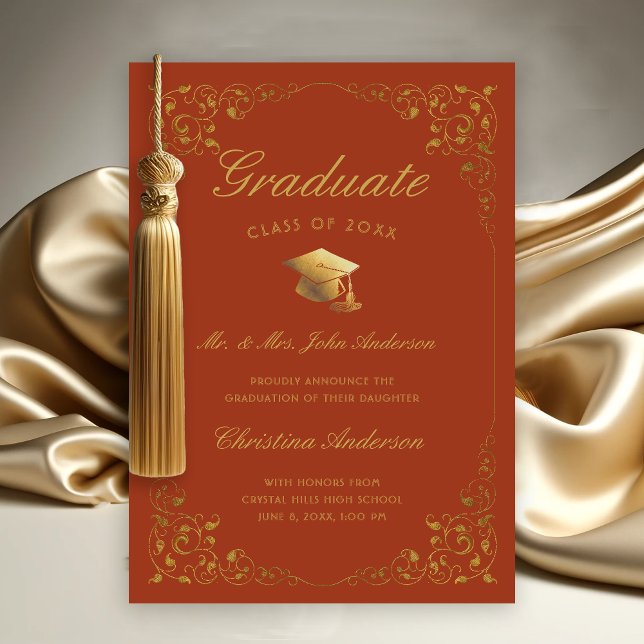 Gold Ivy Cap Script From Parents Orange Graduation Announcement (Gold Ivy Leaf on Orange Graduation Announcement from Parents)