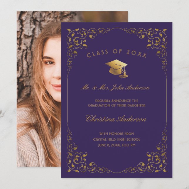Gold Ivy Script From Parents Purple Graduation Announcement (Front/Back)