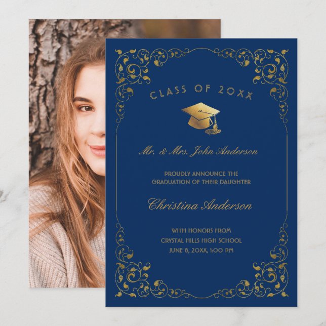 Gold Ivy Script Photo From Parents Blue Graduation Announcement (Front/Back)