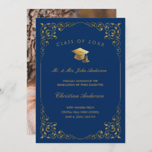 Gold Ivy Script Photo From Parents Blue Graduation Announcement