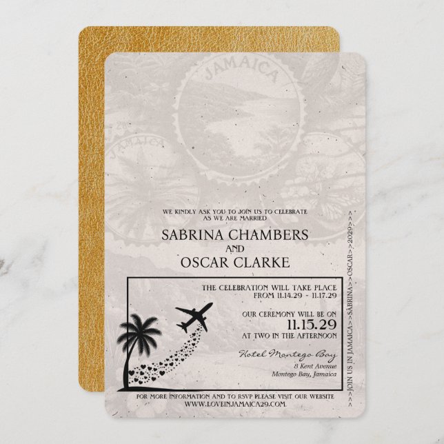 Gold Jamaica Passport Wedding Invitation (Front/Back)