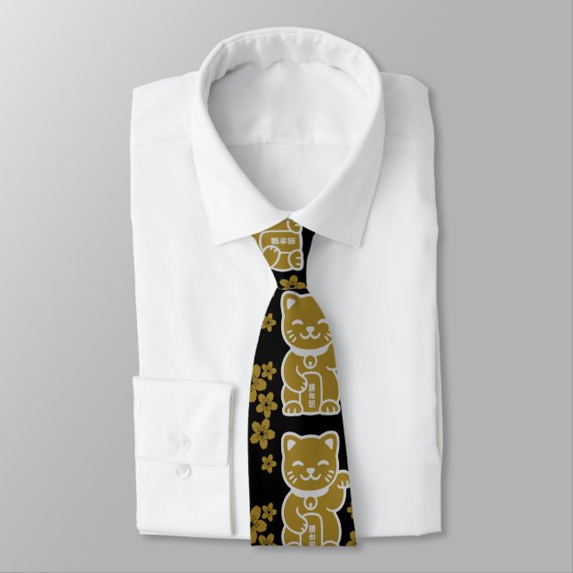 Gold Japanese Maneki-neko Tie (Tied)