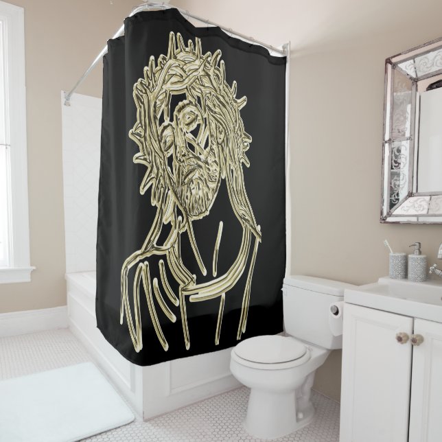 Gold Jesus looking up to god glimmering brightly Shower Curtain (In Situ)