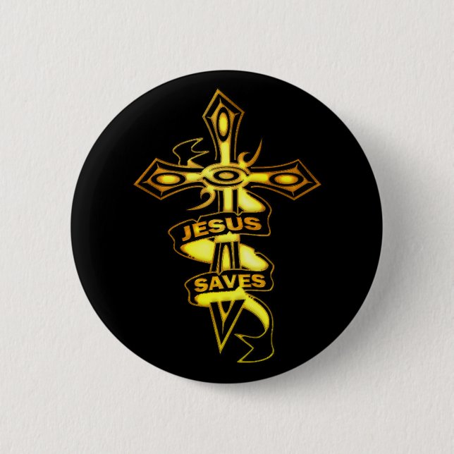 GOLD JESUS SAVES CROSS 6 CM ROUND BADGE (Front)