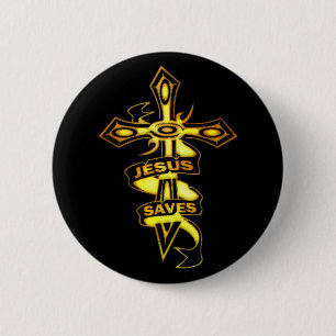 GOLD JESUS SAVES CROSS 6 CM ROUND BADGE