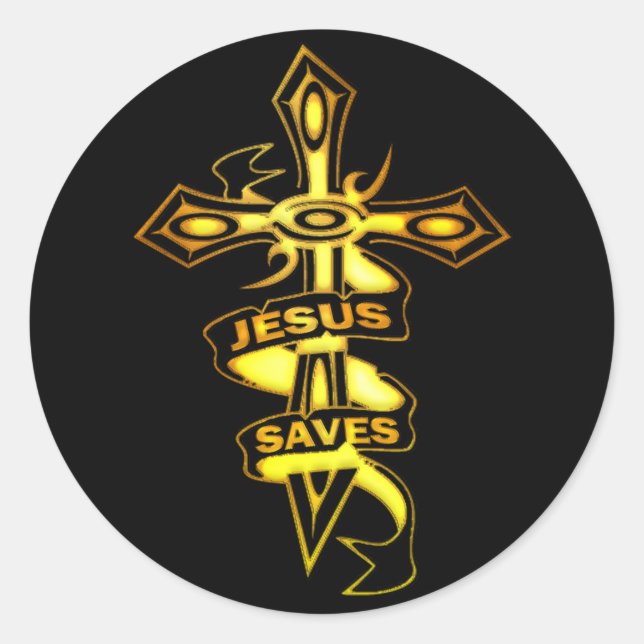 GOLD JESUS SAVES CROSS CLASSIC ROUND STICKER (Front)