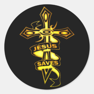 GOLD JESUS SAVES CROSS CLASSIC ROUND STICKER