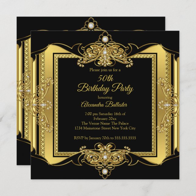 Gold Jewel Black Elegant Birthday Party Photo Invitation (Front/Back)