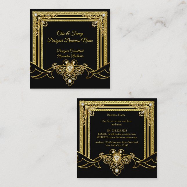 Gold Jewel Black Elegant Designer Square Business Card (Front/Back)
