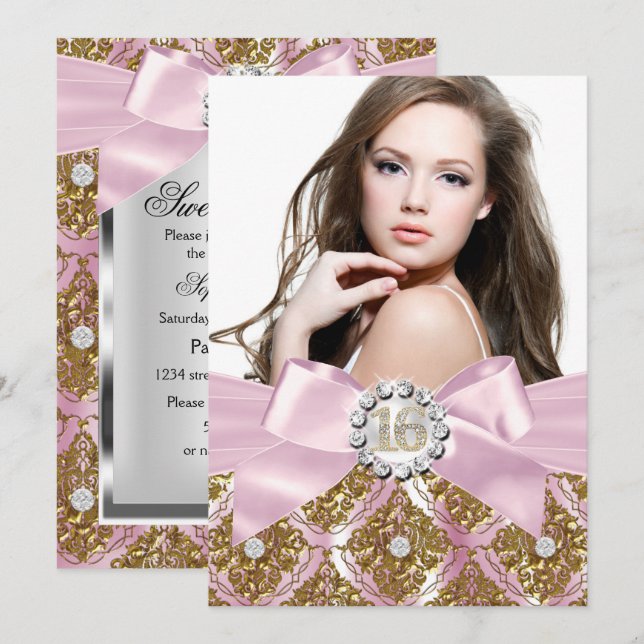 Gold Jewel Damask & Pink Bow Sweet 16 Photo Invite (Front/Back)