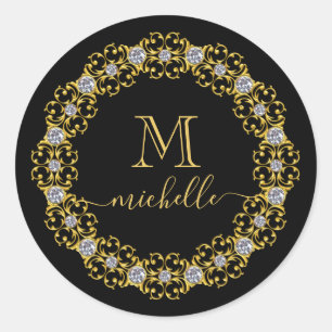 Gold Jewel Frame Monogram Name Classic Round Stick Classic Round Sticker