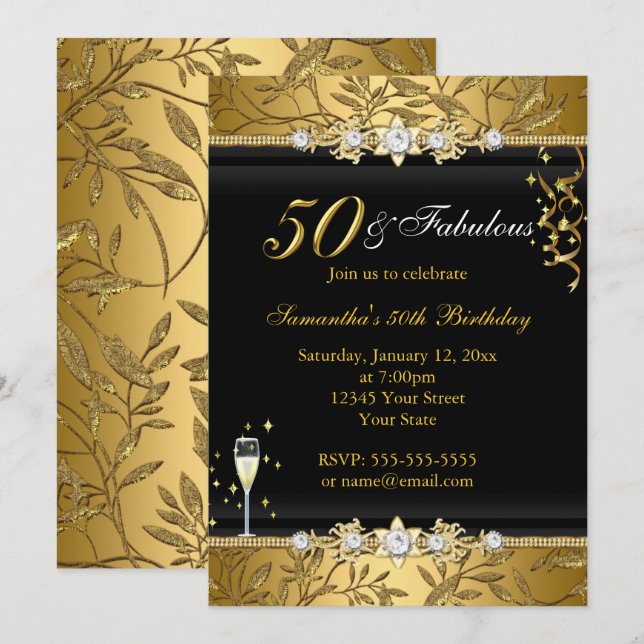 Gold Jewel Leaf 50 Fabulous Birthday Black Invitation (Front/Back)