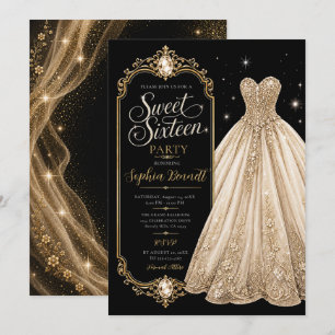 Gold Jewel Sweet 16 Birthday Dress Invitation