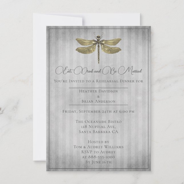 Gold Jewelled Dragonfly Rehearsal Dinner Invitation (Front)