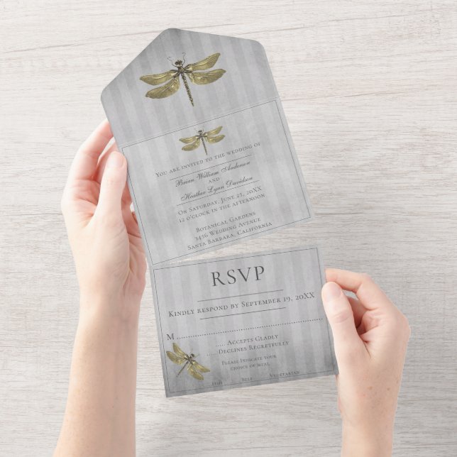 Gold Jewelled Dragonfly Wedding All In One Invitation (Tearaway)