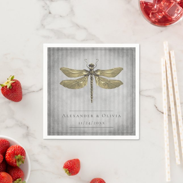 Gold Jewelled Dragonfly Wedding Napkin (Insitu)