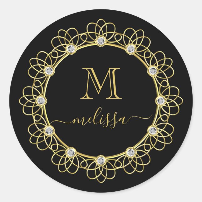 Gold Jewelled Frame Monogram with Name Classic Rou Classic Round Sticker (Front)