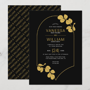 Gold jewellery inspired frame and leaves wedding invitation