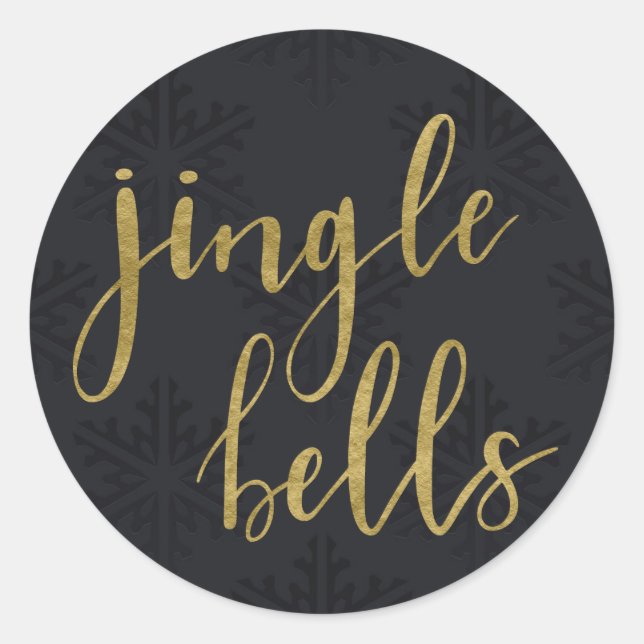 Gold JINGLE BELLS Holiday Winter Black Snowflakes Classic Round Sticker (Front)