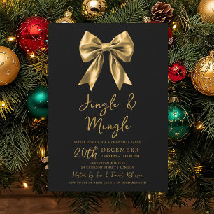 Gold Jingle & Mingle Christmas Party Bow Black Invitation