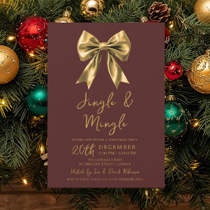 Gold Jingle & Mingle Christmas Party Bow Burgundy Invitation