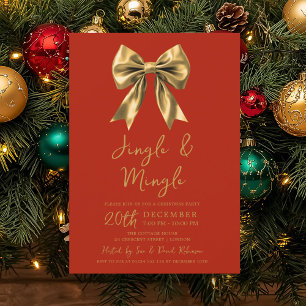 Gold Jingle & Mingle Christmas Party Bow Red Invitation