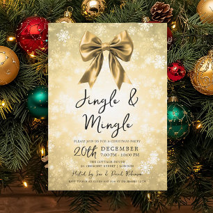 Gold Jingle & Mingle Christmas Party Bow & Snow Invitation