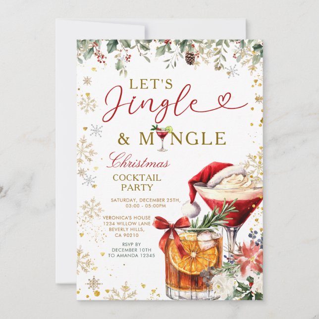 Gold Jingle & Mingle Christmas Santa Cocktail  Invitation (Front)