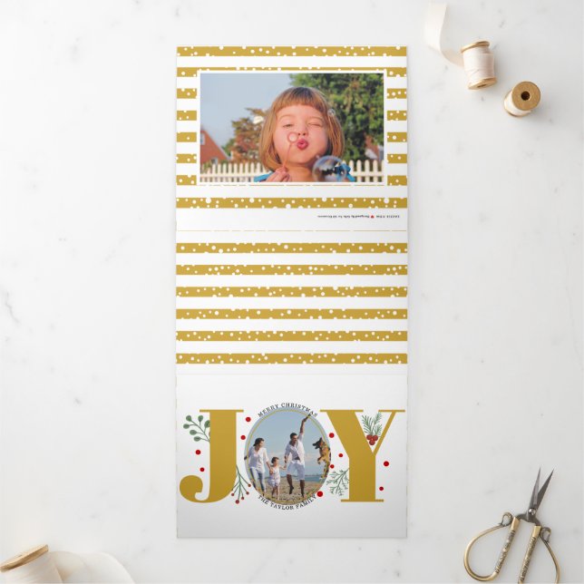Gold joy and berries Christmas holiday photo Tri-Fold Holiday Card (Outside)