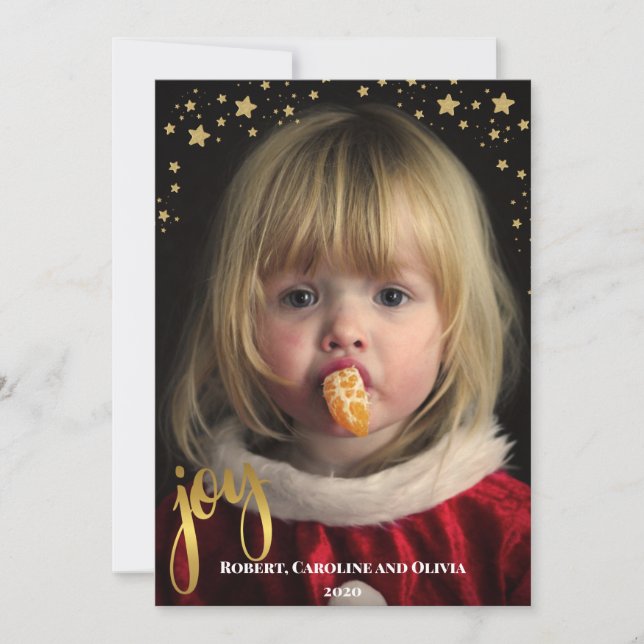 Gold JOY and Stars | Photo Holiday Card (Front)