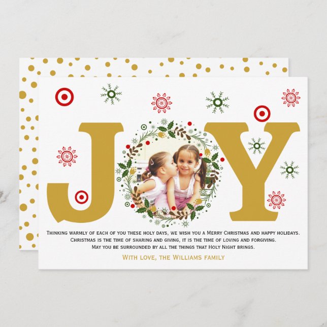 Gold Joy, Christmas floral wreath photo Holiday Card (Front/Back)