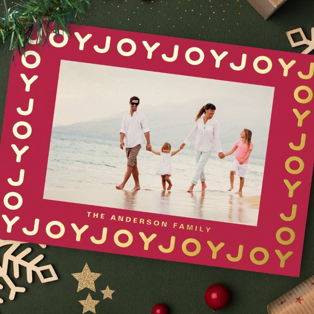 Gold JOY | Christmas Photo RED Magenta Frame Foil Holiday Card (Creator Uploaded)