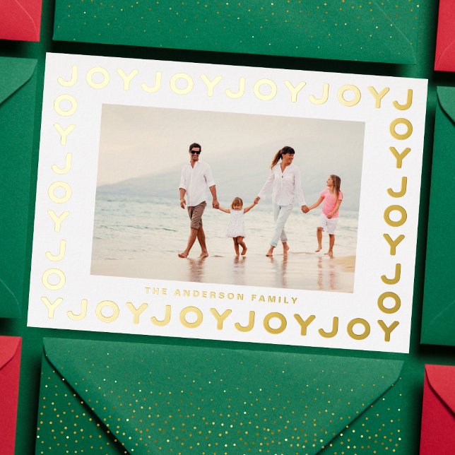 Gold JOY Christmas Photo White Frame Foil Holiday Card (Creator Uploaded)
