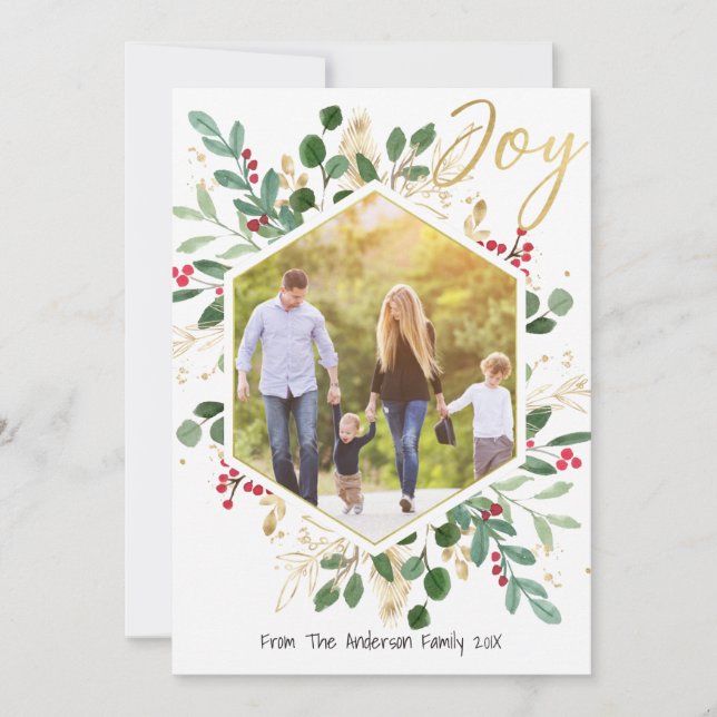 Gold Joy Foliage Christmas Family Photo card (Front)