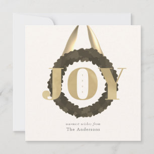 Gold JOY Green Wreath Square Christmas Holiday Card