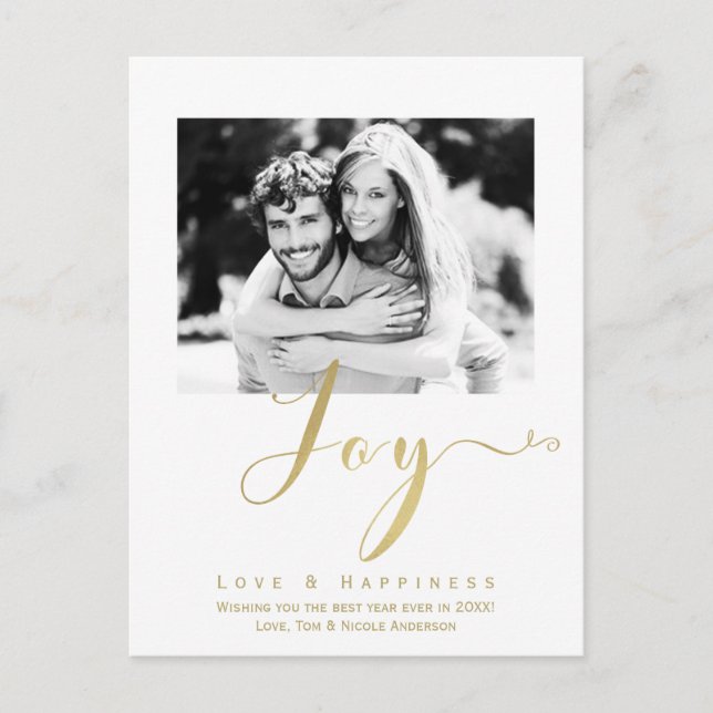 Gold JOY Holiday New Years Modern Photo Invitation Postcard (Front)