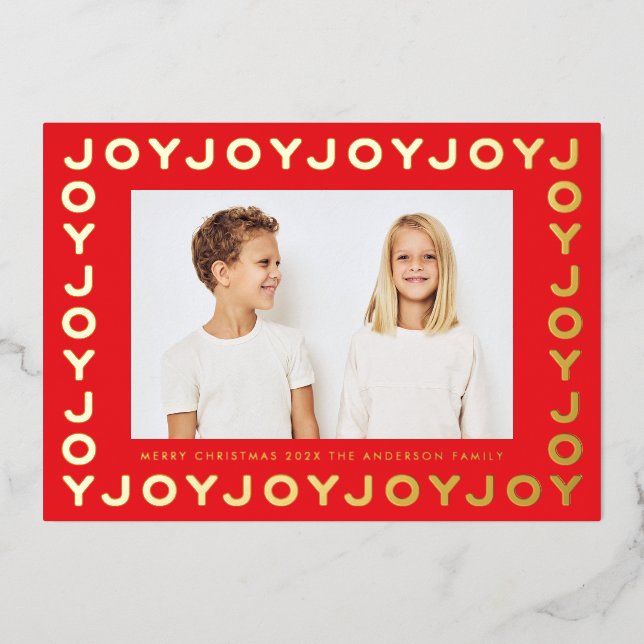 Gold JOY JOY JOY Christmas Photo RED Frame Foil Holiday Card (Front)