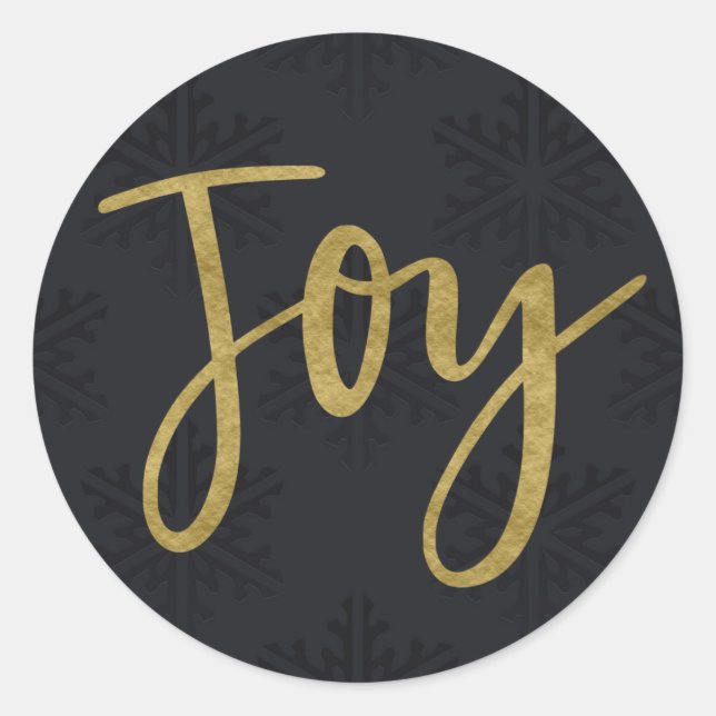 Gold JOY Modern Holiday Winter Black Snowflakes Classic Round Sticker (Front)