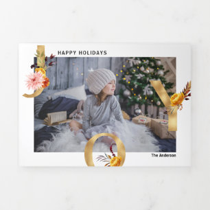 Gold JOY multi photo Holiday Tri-Fold Holiday Card