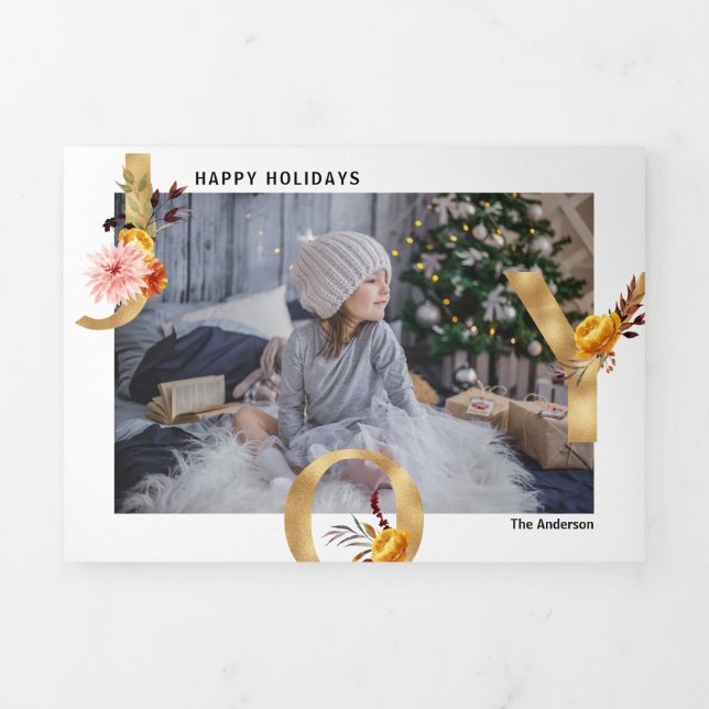 Gold JOY multi photo Holiday Tri-Fold Holiday Card (Cover)