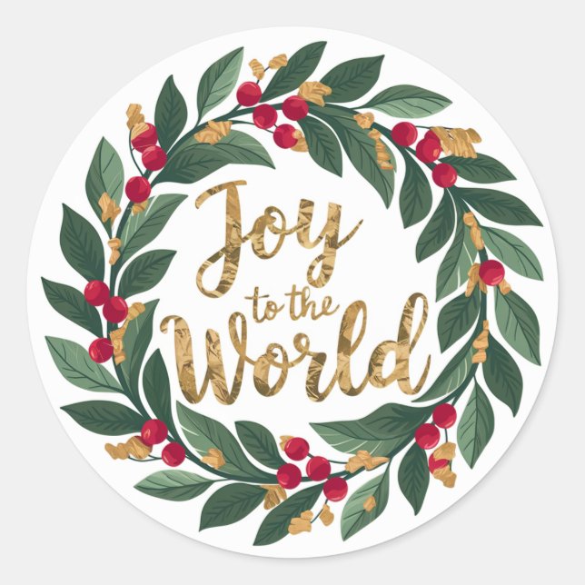 Gold Joy to the World Red Berry Wreath Christmas  Classic Round Sticker (Front)